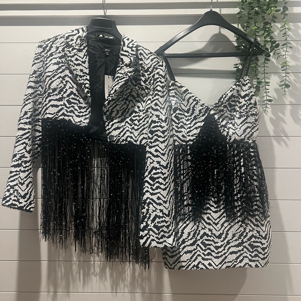 Nasty Gal Black and White Mini Dress with Fringe
